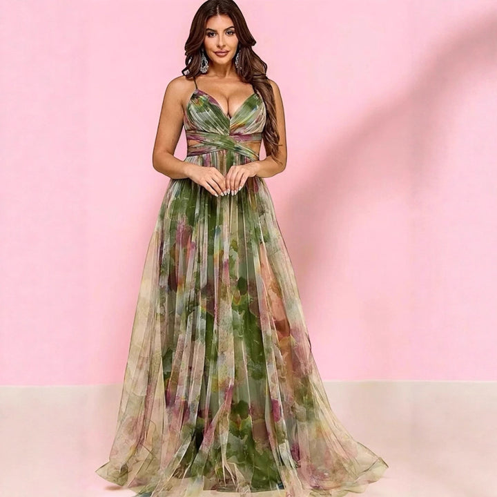 Women's maxi dress with floral chiffon design and elegant waistline