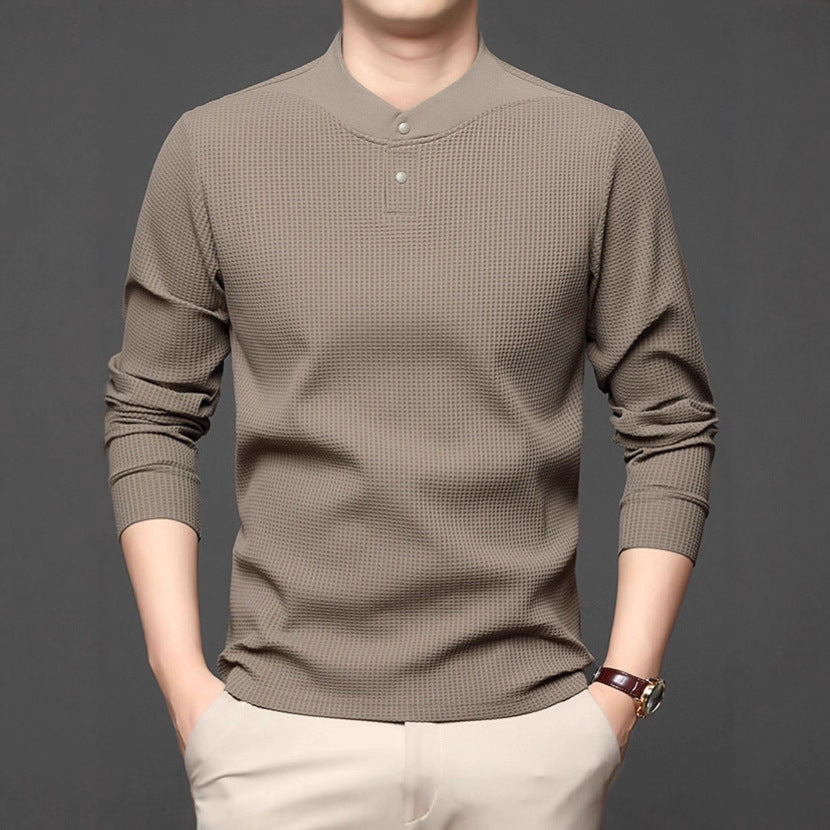 Men's Long Sleeve Shirt with Textured Design and Stand-up Collar Lisslune