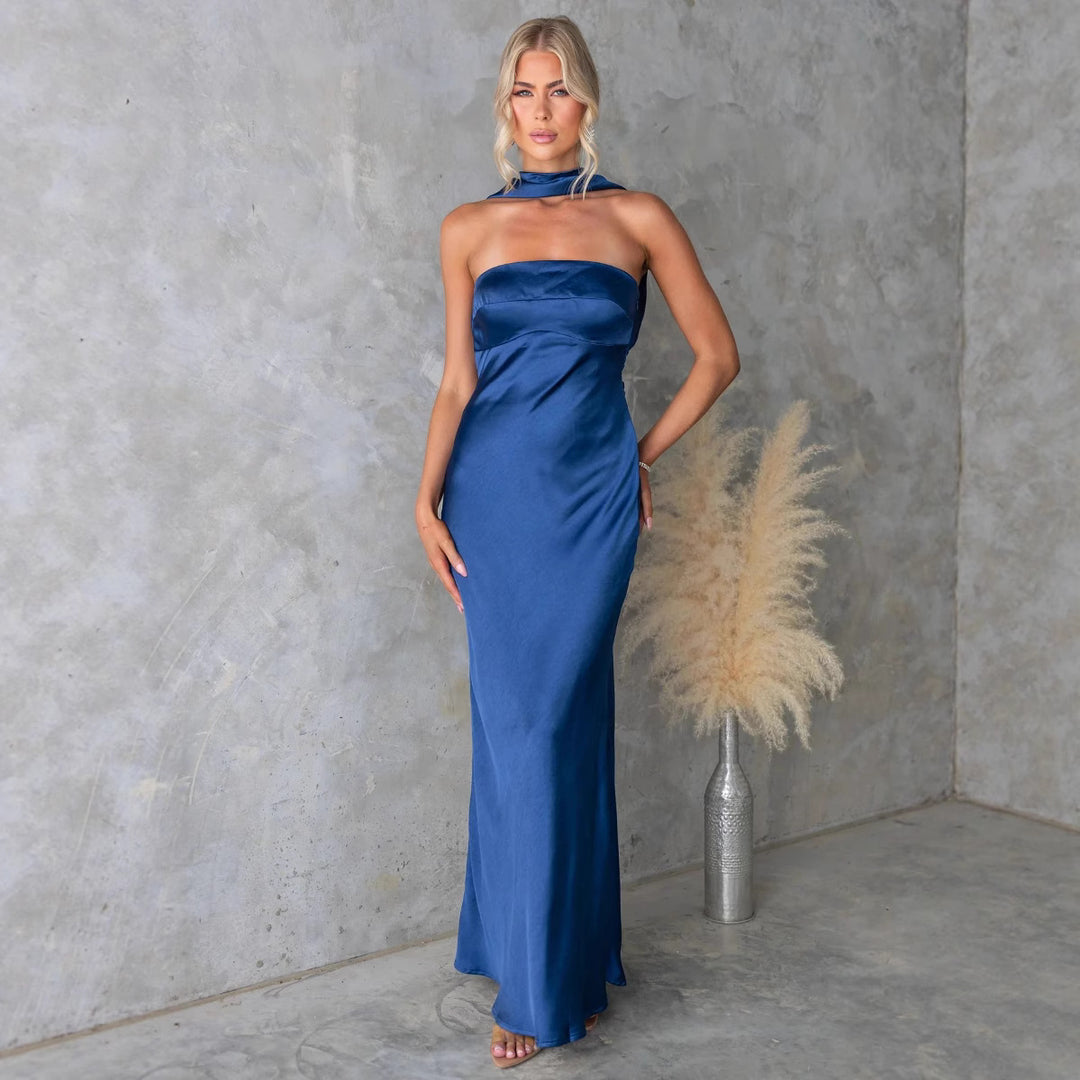 Ladies Elegant Evening Dress with Off-Shoulder Design and Shimmering Satin