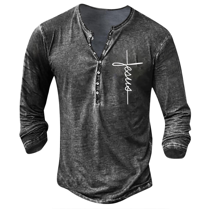 Men's Long Sleeve Henley Shirt with Creative Graphic Print Lisslune