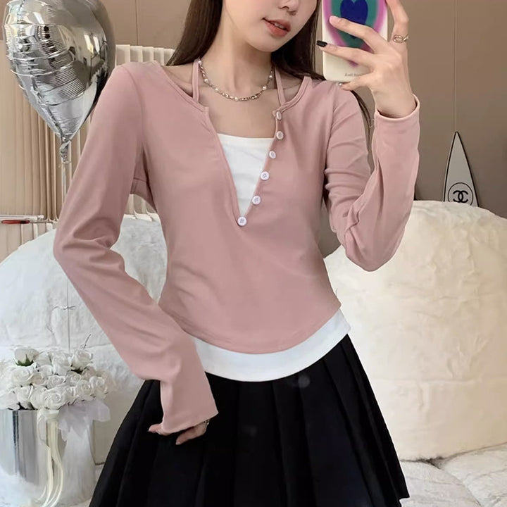 Women's Long Sleeve Shirt with Modern Button Placket Design and Casual Cut