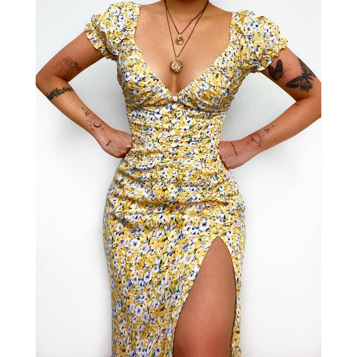 Ladies Elegant Maxi Dress with Heart-Shaped Neckline and Floral Details