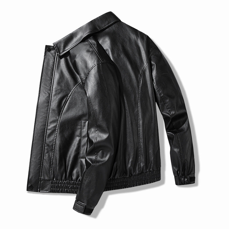 Men's Synthetic Leather Jacket with Elastic Waistband and Practical Side Pockets Lisslune