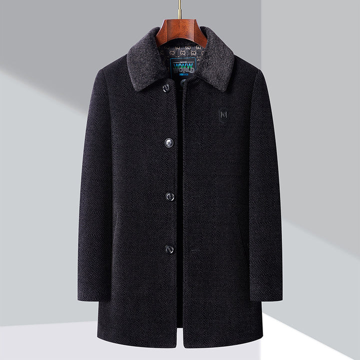Men's Elegant Wool Coat with Modern Stand-Up Collar and Textured Surface Lisslune