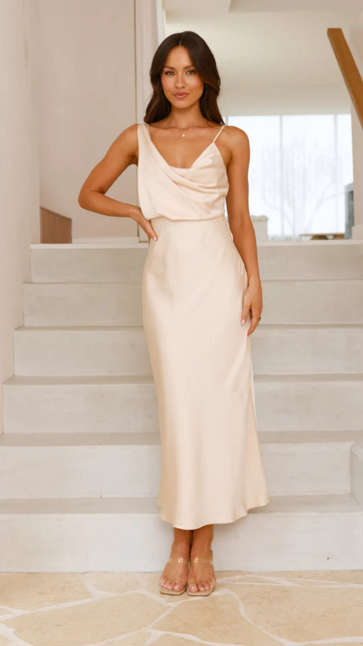 Women Elegant Maxi Dress with Draped Top and Slim Silhouette Lune London