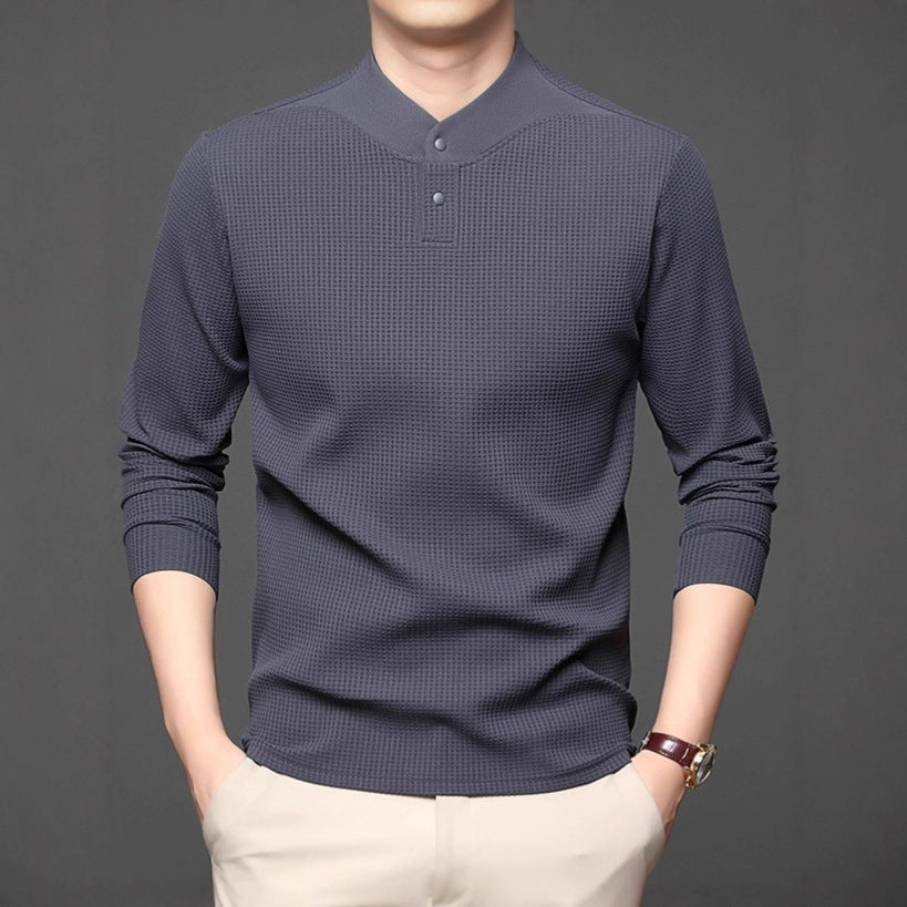 Men's Long Sleeve Shirt with Textured Design and Stand-up Collar Lisslune