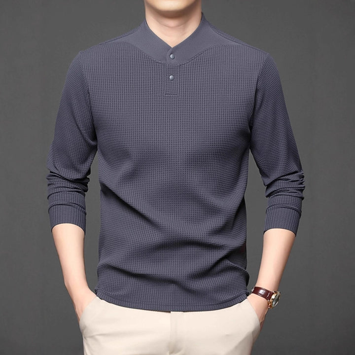 Men's Long Sleeve Shirt with Textured Design and Stand-up Collar Lisslune