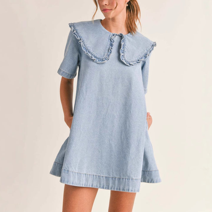 Women's denim dress with elegant ruffled collar finish Lisslune