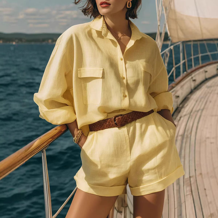 Women's Airy Short Sleeve Shirt and Shorts Set Lisslune