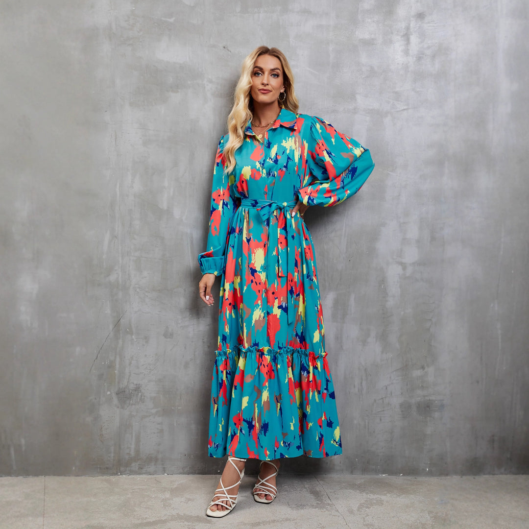 Women's maxi dress with colorful floral design and elegant waist belt