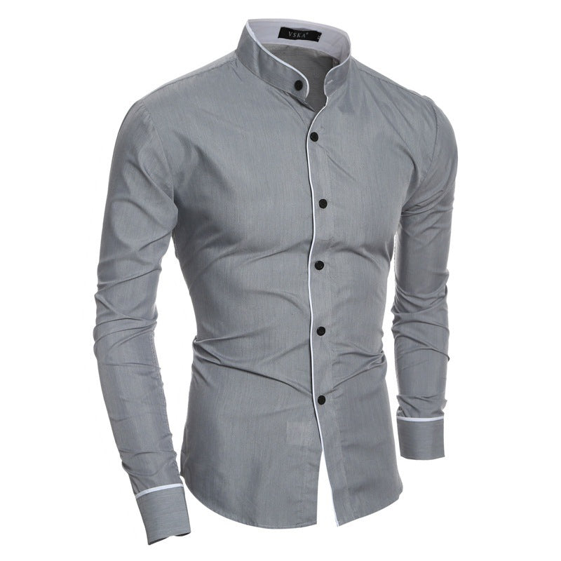 Men's Long-Sleeve Shirt with Modern Stand Collar and Contrasting Details Lisslune