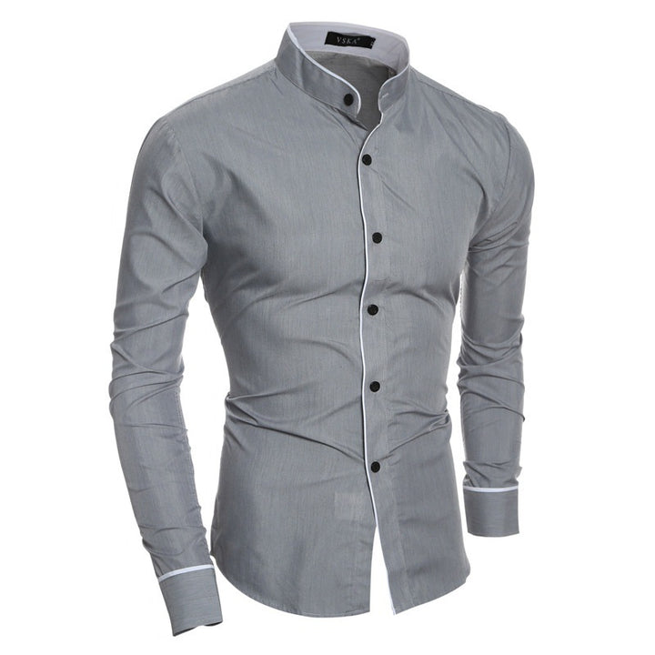 Men's Long-Sleeve Shirt with Modern Stand Collar and Contrasting Details Lisslune