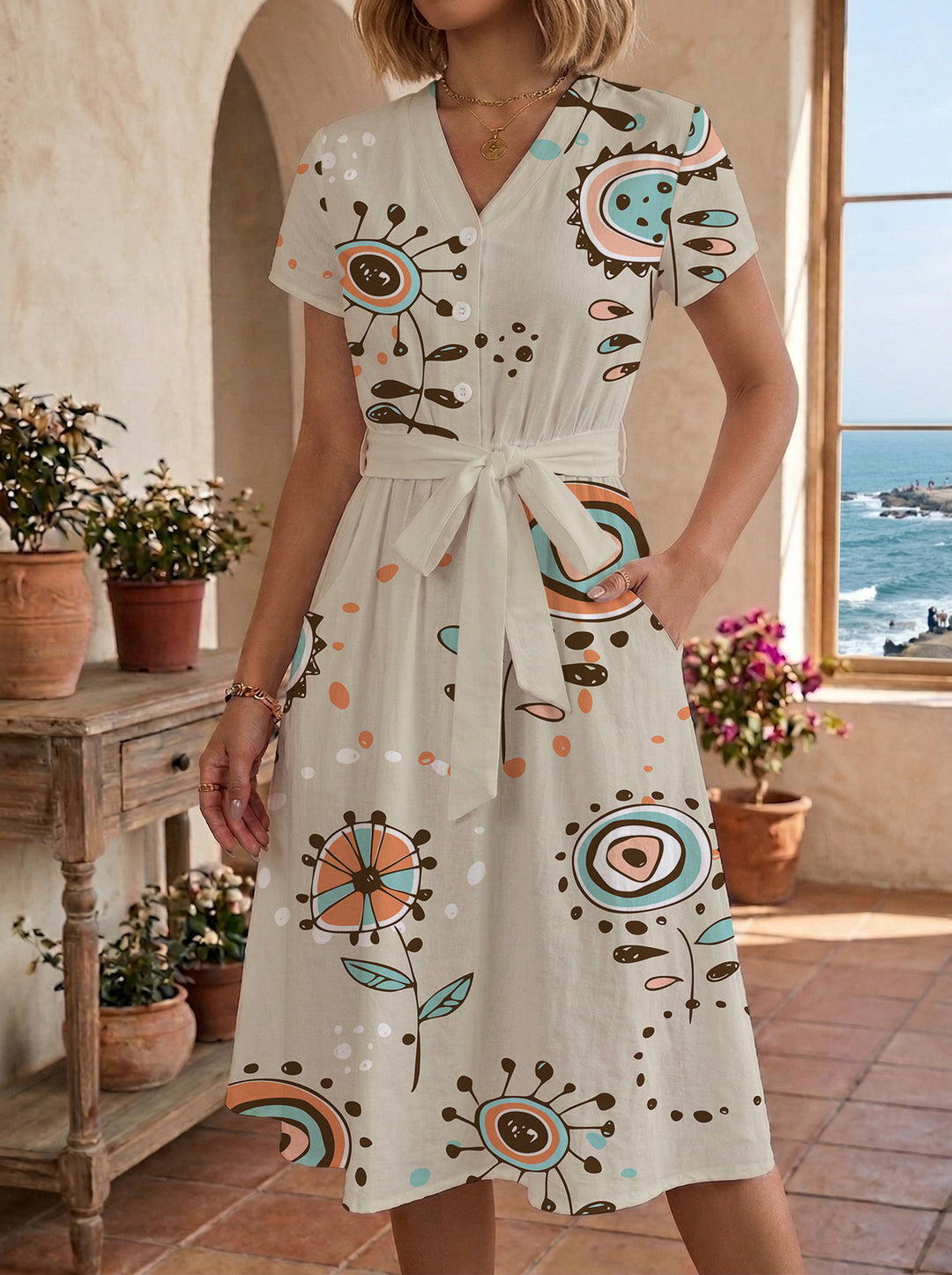 Women’s midi dress with colorful floral design and adjustable tie belt Lisslune