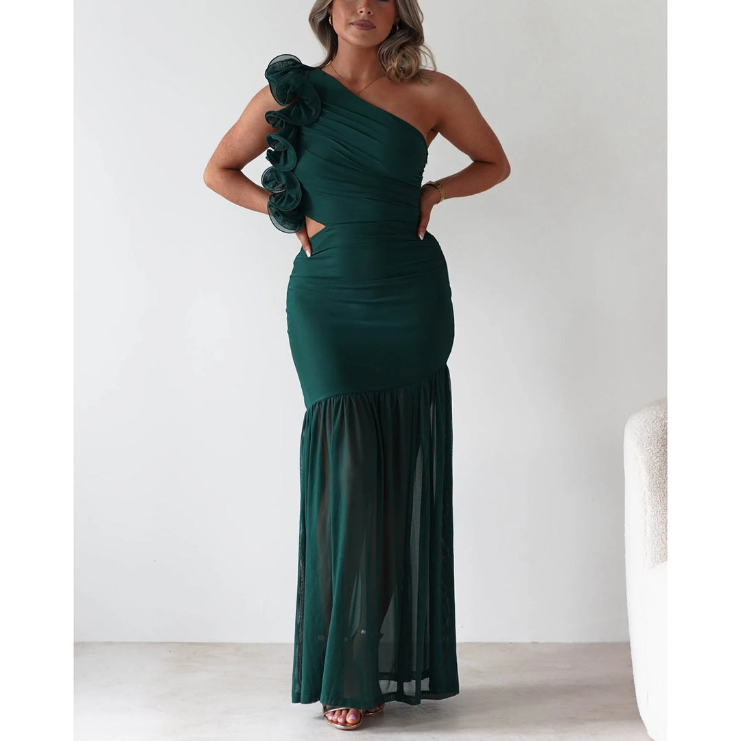Women’s maxi dress with asymmetric cut and romantic ruffle details Lune London
