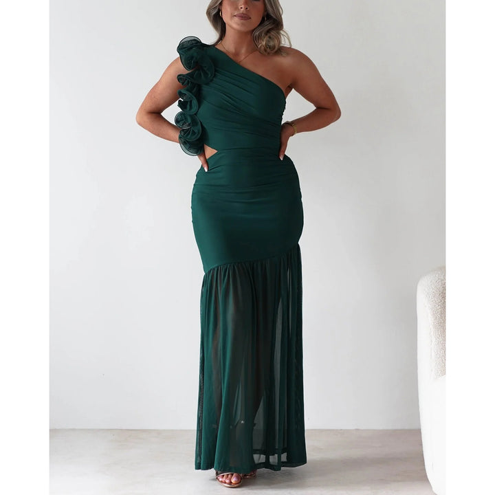 Women’s maxi dress with asymmetric cut and romantic ruffle details Lune London