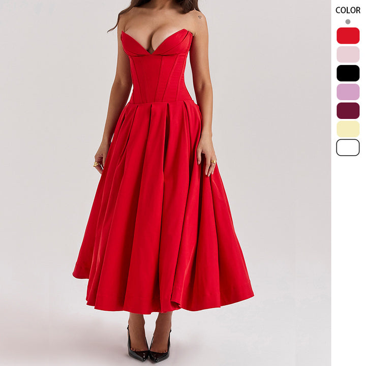 Women's A-line evening dress with corset top and flared skirt
