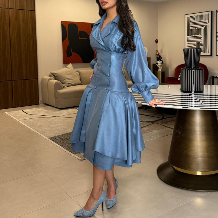 Women's vintage-inspired A-line dress with elegant puff sleeves and button placket Lisslune