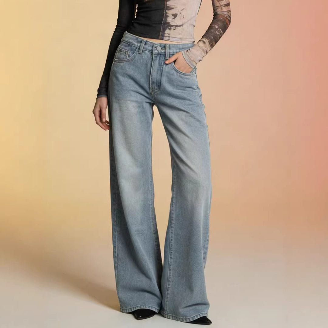 Damen weite Denim-Hose mit Vintage-Waschung und hoch geschnittenem Bund Lisslune