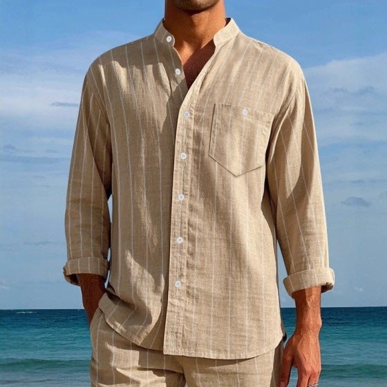 Men's long sleeve shirt with modern stand-up collar and fine stripe pattern Lisslune