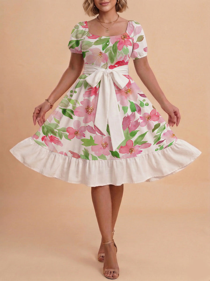 Women A-line dress with floral motifs and adjustable belt Lisslune