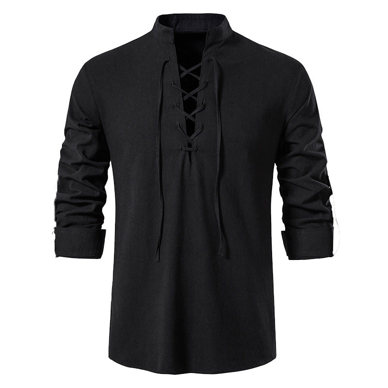 Men's casual long-sleeve shirt with innovative lacing and modern stand-up collar Lisslune
