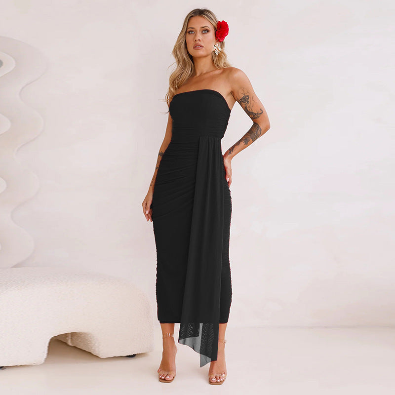 Women's Elegant Wrap Dress with Tailored Silhouette and Off-the-Shoulder Design