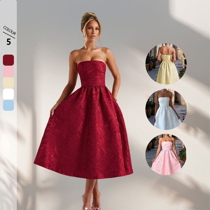 Ladies cocktail dress with elegant bustier top and flared skirt