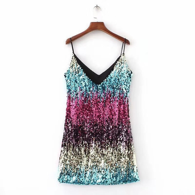 Ladies Glittering Mini Dress with Slim Spaghetti Straps and Refined Cut