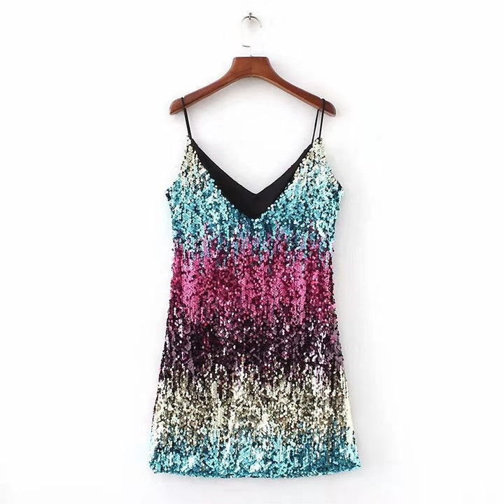 Ladies Glittering Mini Dress with Slim Spaghetti Straps and Refined Cut