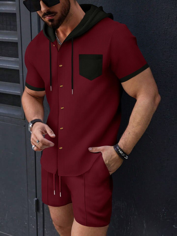 Men's fashionable short-sleeve shirt with matching shorts and practical hooded design Lisslune