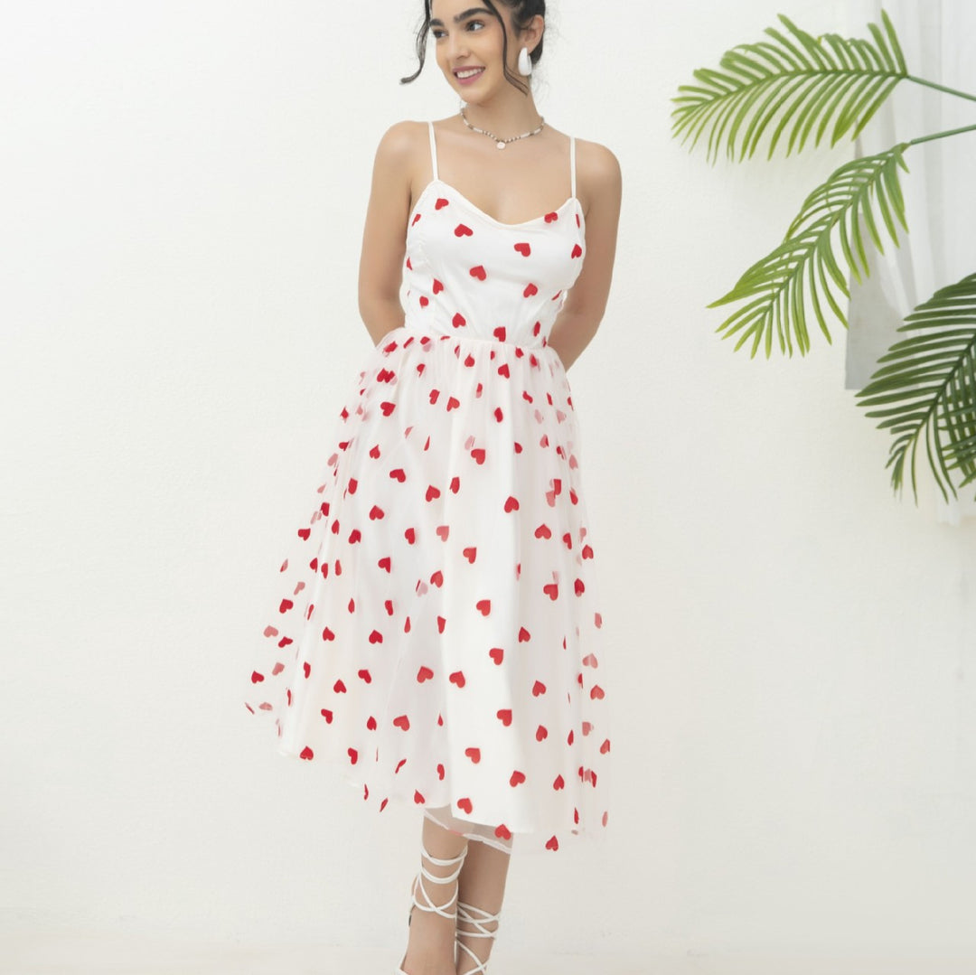 Women's romantic A-line dress with heart motif and adjustable straps Lisslune