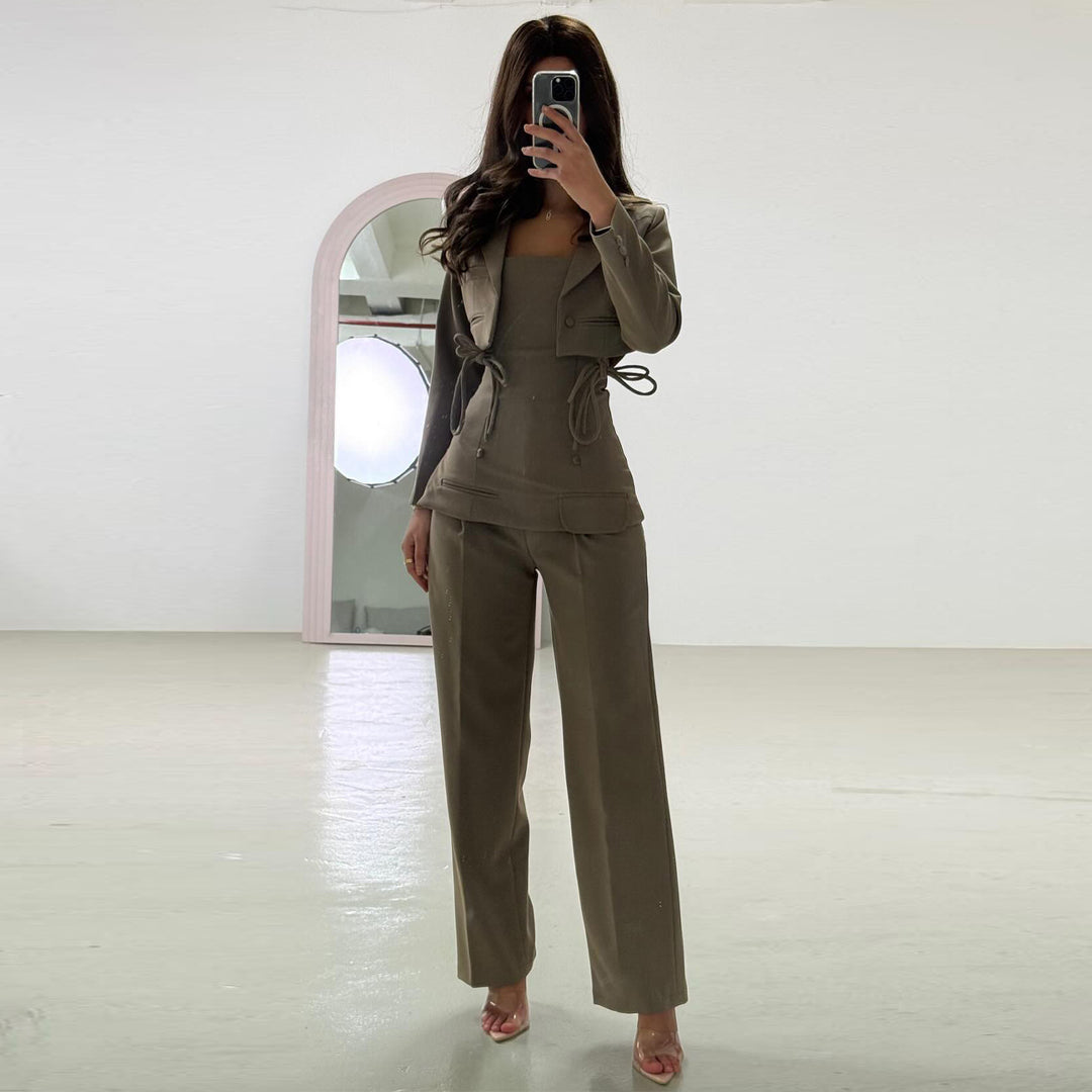 Ladies Elegant Two-Piece Set with Fitted Top and Wide Pants Style Lisslune