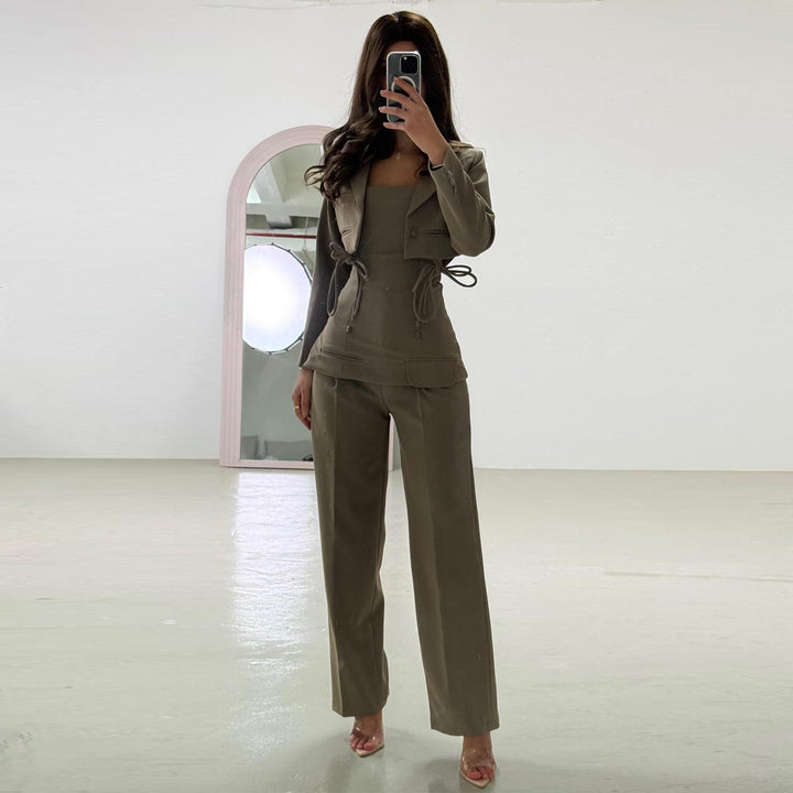 Ladies Elegant Two-Piece Set with Fitted Top and Wide Pants Style Lisslune