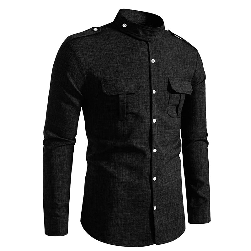 Men's long-sleeved shirt with two practical chest pockets and modern stand-up collar Lisslune