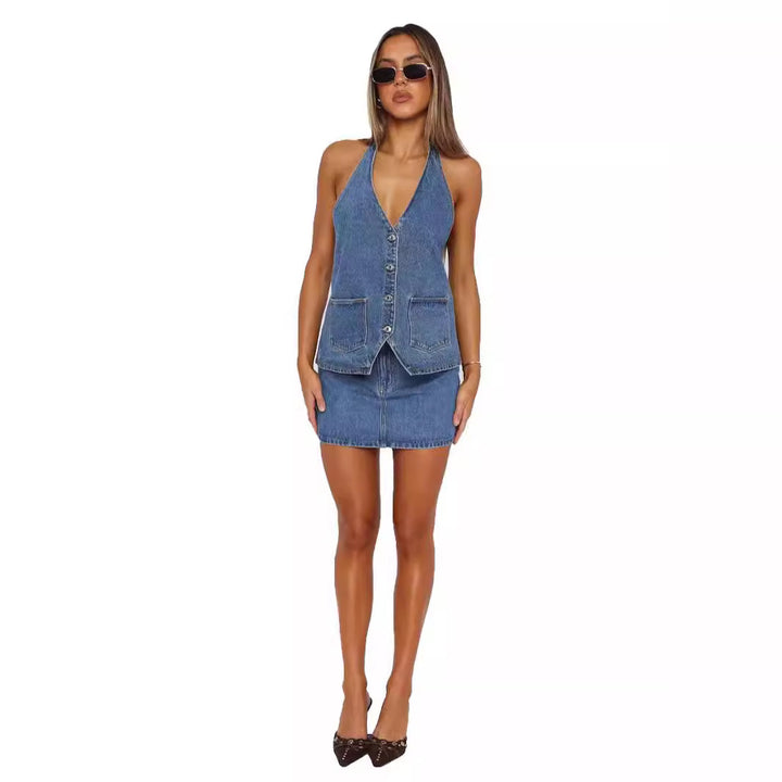 Women's denim dress with sleeveless design and practical pockets Lisslune