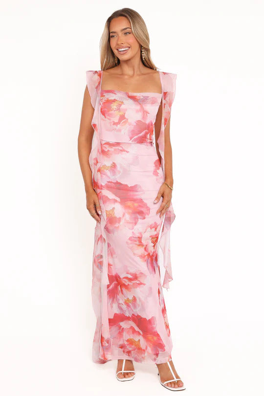Ladies pencil dress with romantic floral design and ruffled sleeves Lune London