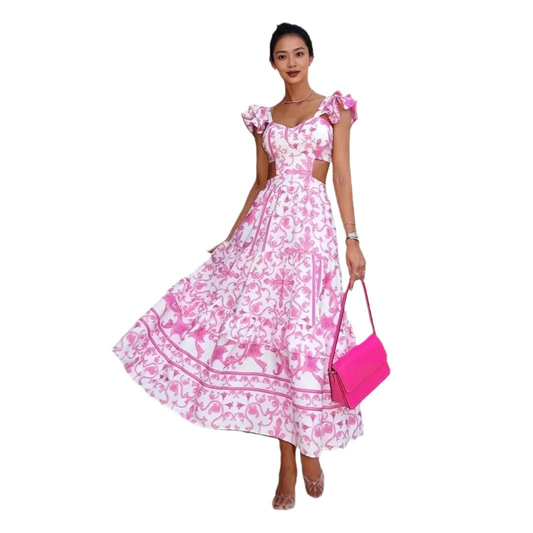 Ladies Elegant Maxi Dress with Cut-out Design and Ruffle Details