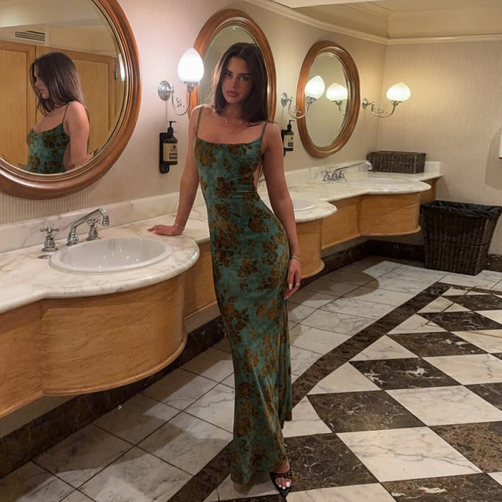 Women's elegant maxi dress with deep back neckline and floral pattern