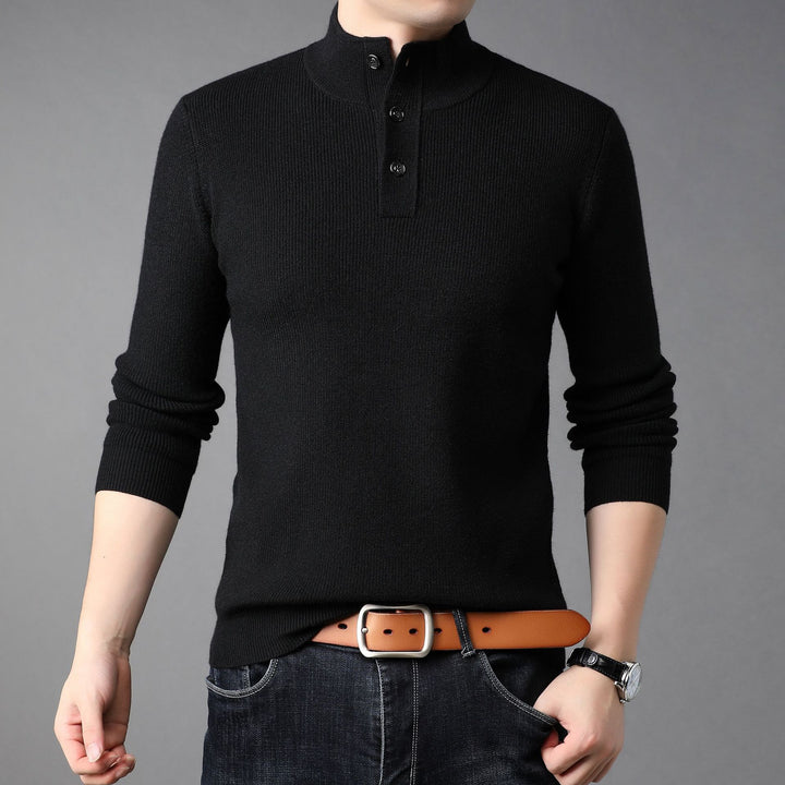 Men's Fine Knit Sweater with High Collar and Button Placket Lisslune