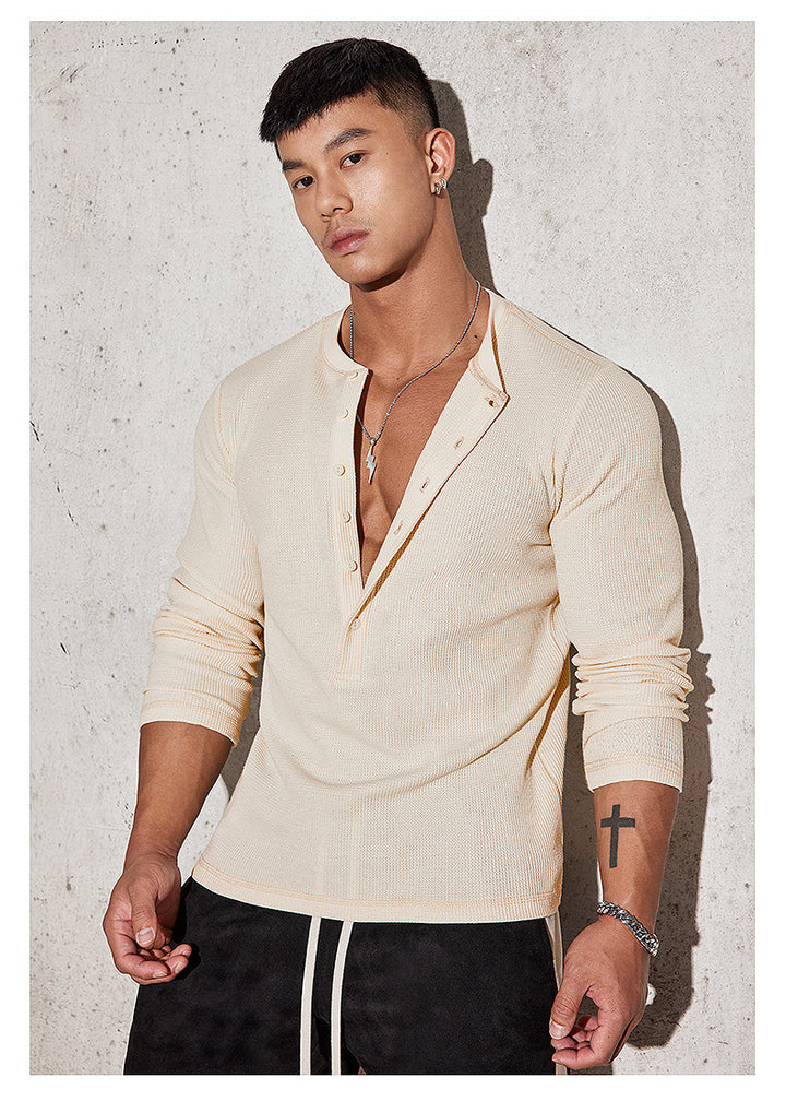 Men's long-sleeve shirt with textured design and fashionable button details Lisslune
