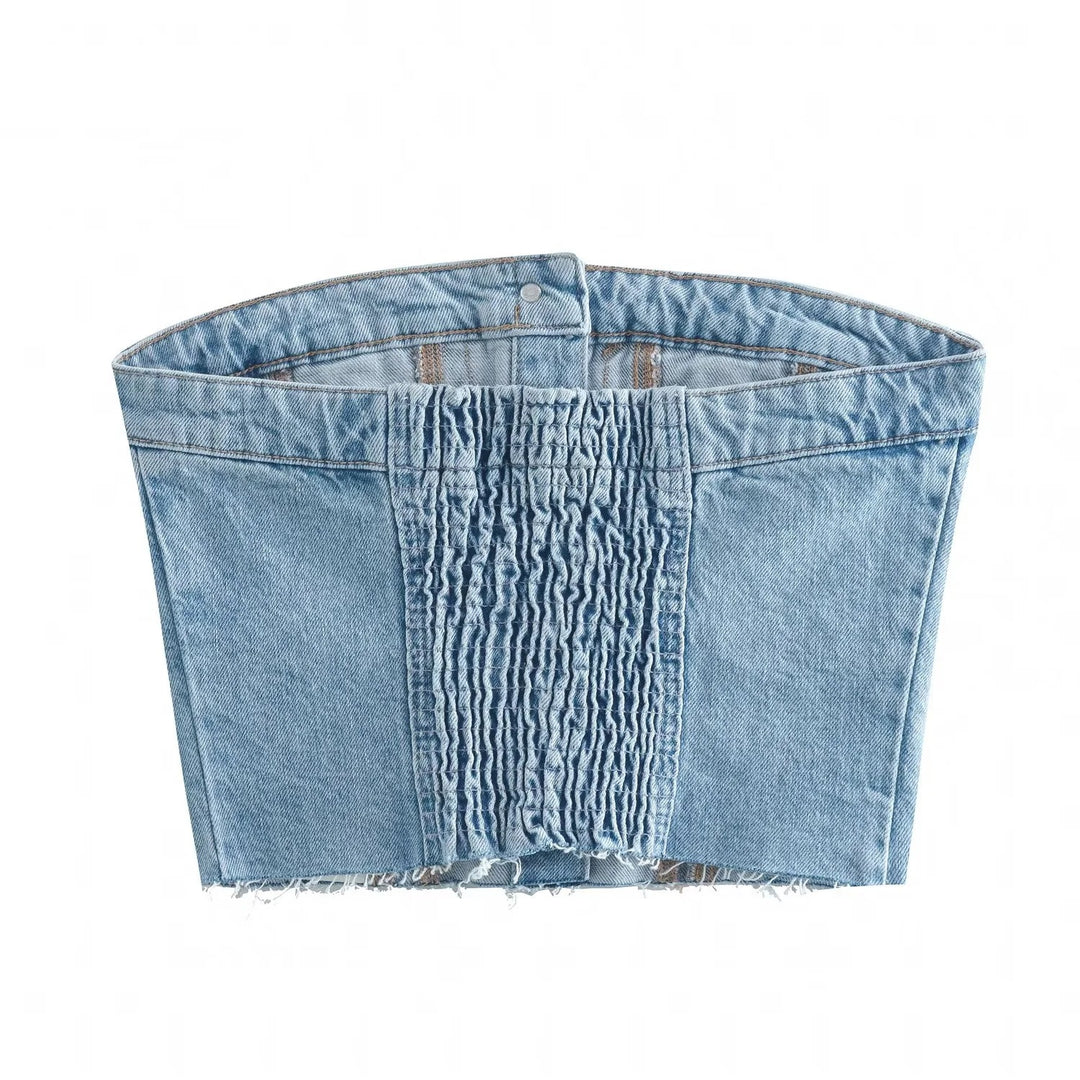 Women's Denim Bustier Top with Button Placket and Figure-Hugging Cut Lisslune