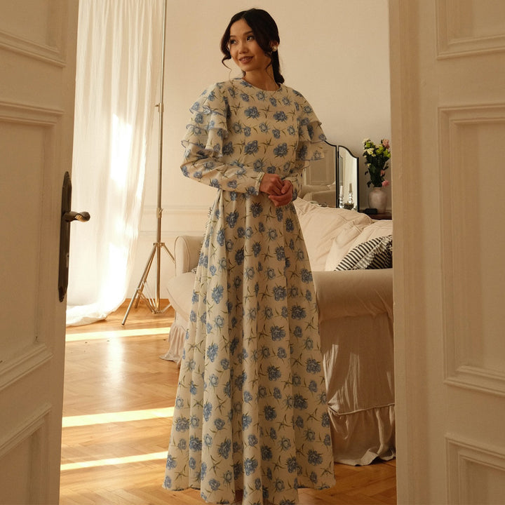 Women’s maxi dress with romantic ruffle design and floral details
