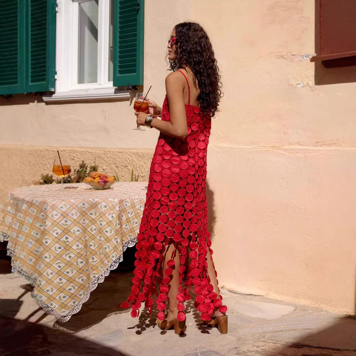 Women's maxi dress with decorative crochet applications and side slits Lisslune