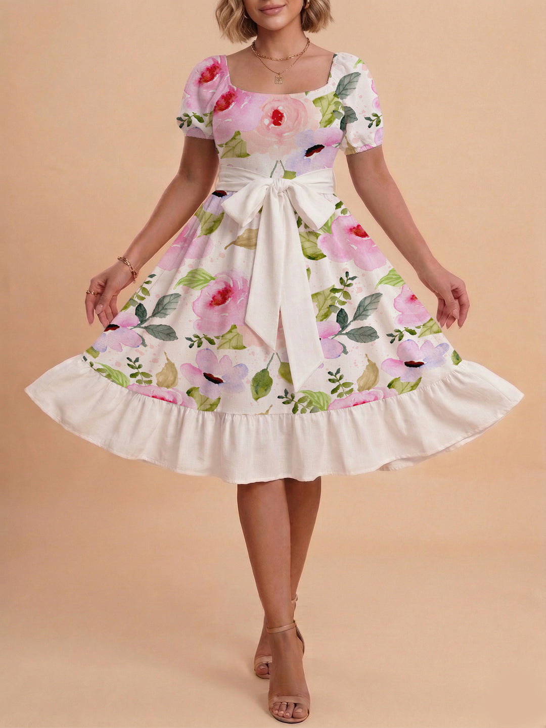 Women A-line dress with floral motifs and adjustable belt Lisslune