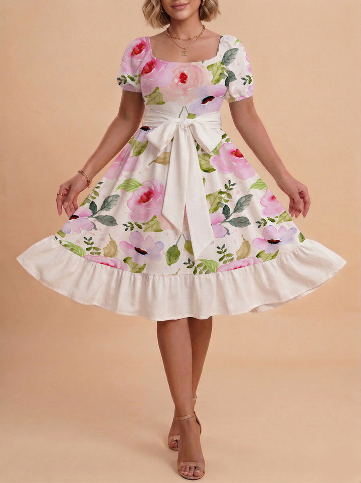 Women A-line dress with floral motifs and adjustable belt Lisslune