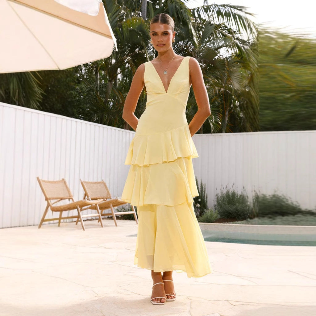 Women's Elegant Maxi Dress with Ruffles and Deep V-Neck