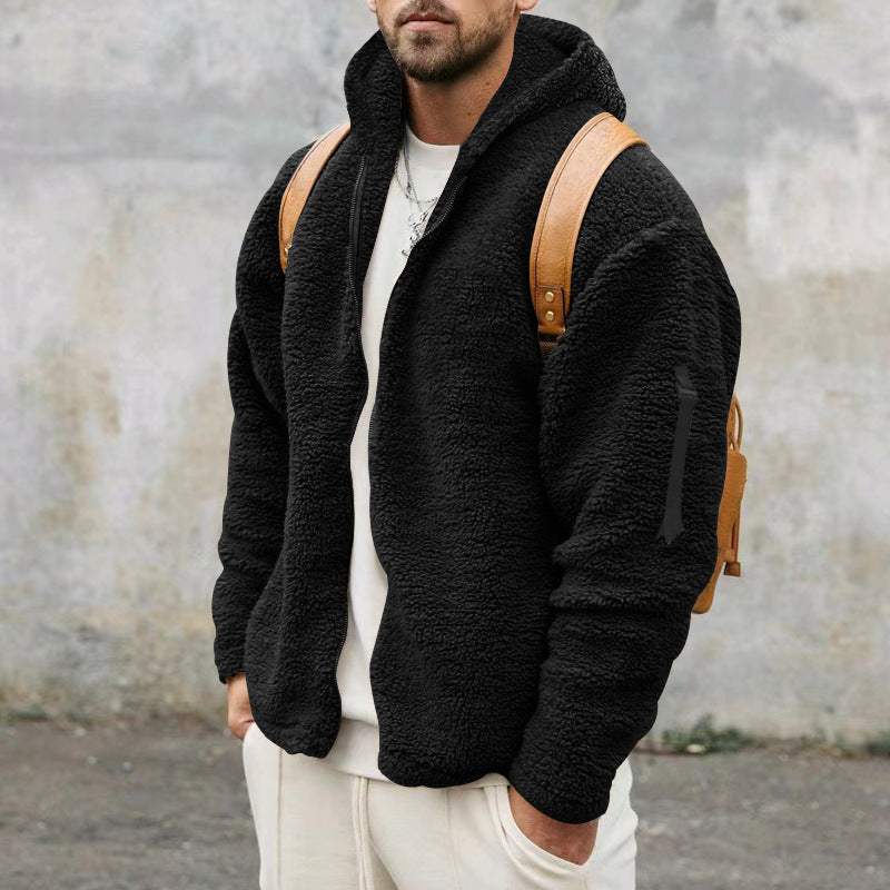 Men's fleece long jacket with hood and practical pockets Lisslune