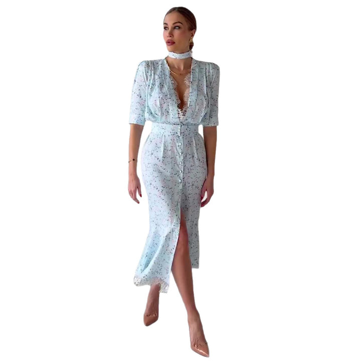 Ladies Elegant Midi Dress with Shimmering Chiffon and Deep V-Neck