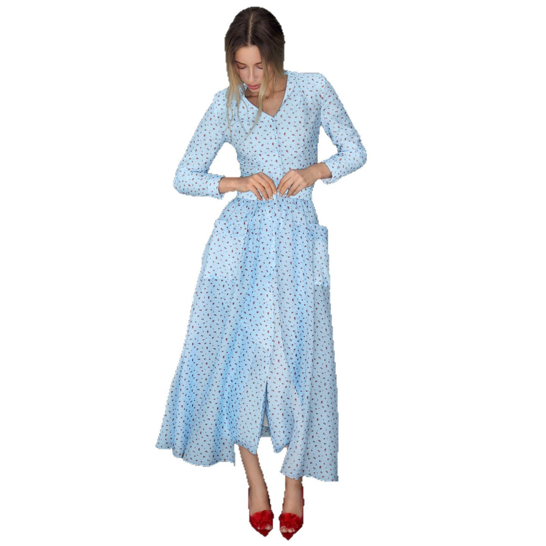 Women's Maxi Silhouette Dress with Elegant Ruffle Details and Button Placket Lisslune