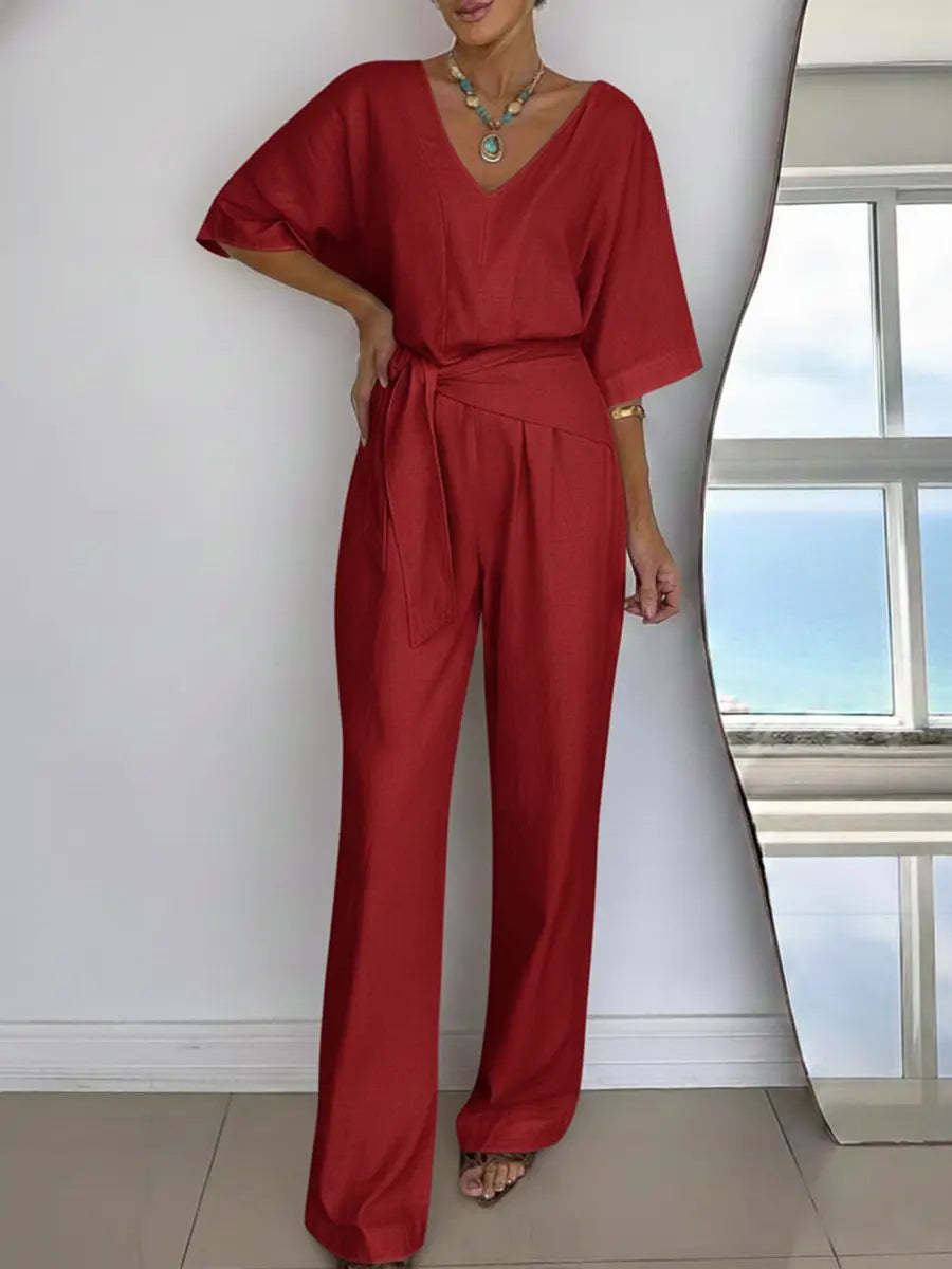 Women Elegant Jumpsuit with Tailored Cut and Wrap Belt Lisslune